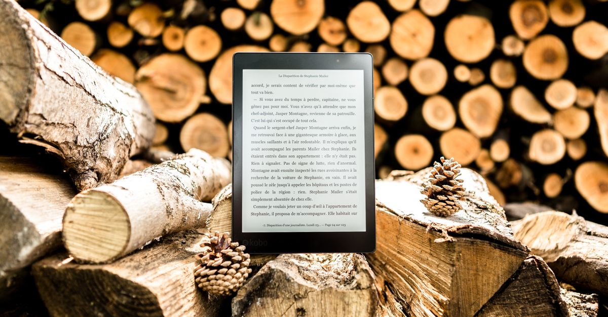 E-reader placed on a pile of wooden logs surrounded by pine cones outdoors.