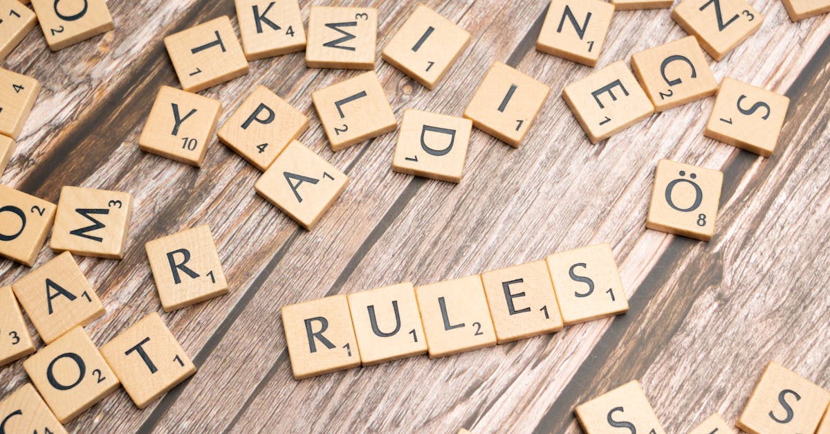 Wooden letter tiles arranged to spell 'Rules' on a textured wooden background.