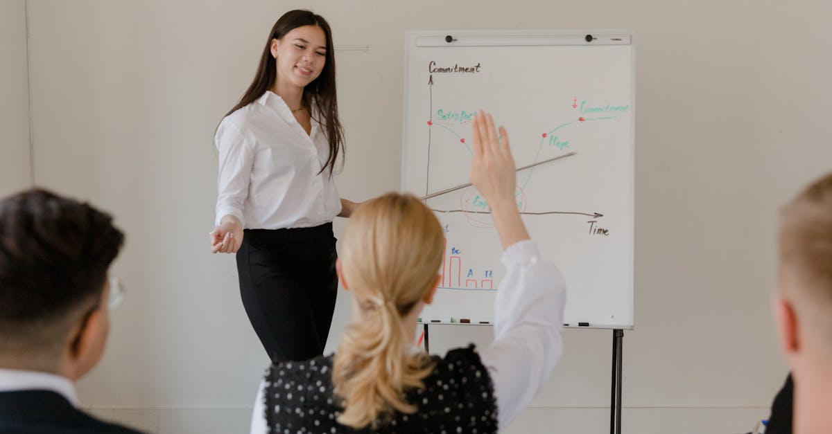A businesswoman leads a meeting with a graph presentation, engaging her audience. Professional setting.